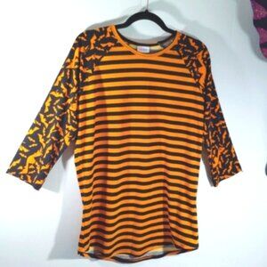 Halloween Tee 3/4 Sleeves Bats Stripes Orange Black Large